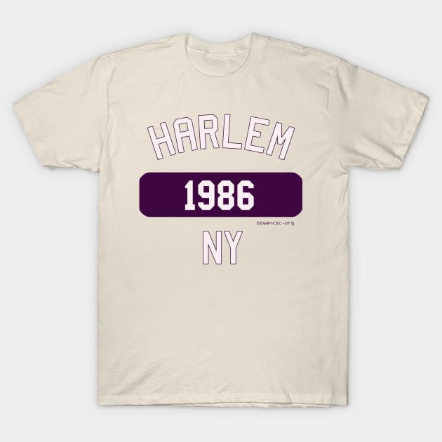 Harlem NY 1986 (Purple/White) T-Shirt by The Bowen Center